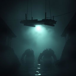 A small, terrifying bridge suspended over a dark, murky waterway, with monstrous creatures lurking beneath