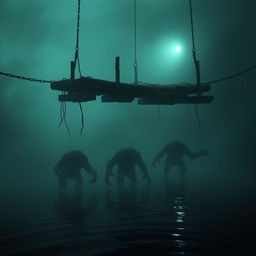 A small, terrifying bridge suspended over a dark, murky waterway, with monstrous creatures lurking beneath