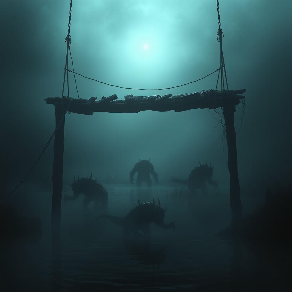 A small, terrifying bridge suspended over a dark, murky waterway, with monstrous creatures lurking beneath