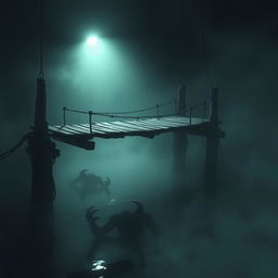 A small, terrifying bridge suspended over a dark, murky waterway, with monstrous creatures lurking beneath