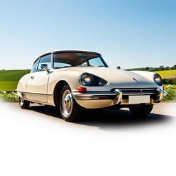 A beautifully restored Citroën DS, elegantly displayed in a scenic countryside setting