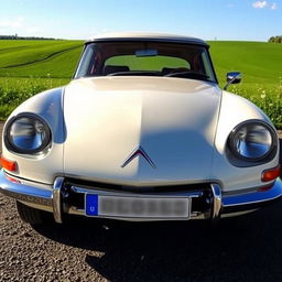 A beautifully restored Citroën DS, elegantly displayed in a scenic countryside setting