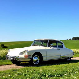 A beautifully restored Citroën DS, elegantly displayed in a scenic countryside setting