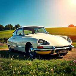 A beautifully restored Citroën DS, elegantly displayed in a scenic countryside setting