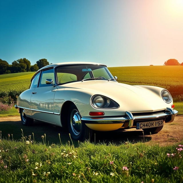 A beautifully restored Citroën DS, elegantly displayed in a scenic countryside setting