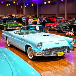 A stunning 1957 Ford Thunderbird, elegantly showcased in a classic car show setting