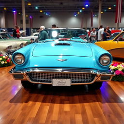 A stunning 1957 Ford Thunderbird, elegantly showcased in a classic car show setting