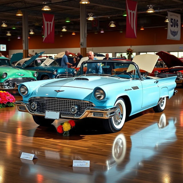 A stunning 1957 Ford Thunderbird, elegantly showcased in a classic car show setting