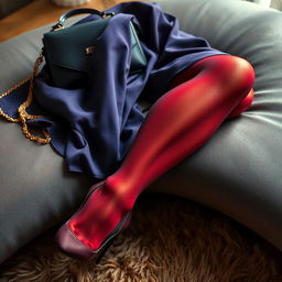 A stylish and tasteful artistic representation featuring a pair of pantyhose gracefully draped over a luxurious surface, with an emphasis on elegance and texture