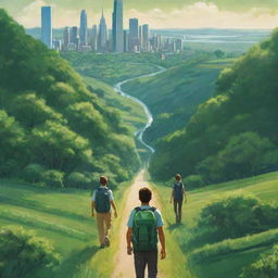 Craft a high-definition, radiant environmental poster illustrating a vast, lush green landscape. Modern-stylized individuals, some with backpacks, serve as guardians facing away from the viewer. Distant buildings embody urbanization, while the concentration remains on the expansive and vibrant nature.