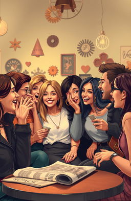 An artistic representation of the concept of gossip, depicting a vibrant social setting where individuals are engaged in animated conversations