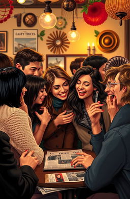 An artistic representation of the concept of gossip, depicting a vibrant social setting where individuals are engaged in animated conversations