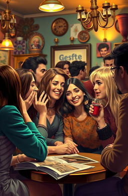 An artistic representation of the concept of gossip, depicting a vibrant social setting where individuals are engaged in animated conversations