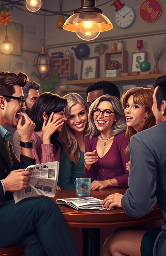 An artistic representation of the concept of gossip, depicting a vibrant social setting where individuals are engaged in animated conversations