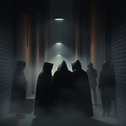 A dark and sinister representation of gossip, featuring shadowy figures in a dimly lit alley