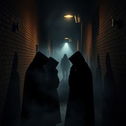 A dark and sinister representation of gossip, featuring shadowy figures in a dimly lit alley