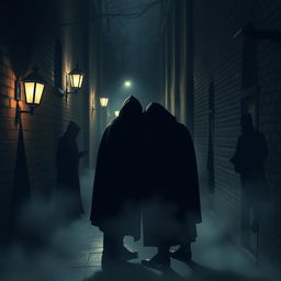 A dark and sinister representation of gossip, featuring shadowy figures in a dimly lit alley