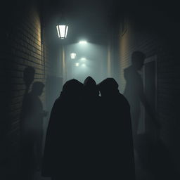 A dark and sinister representation of gossip, featuring shadowy figures in a dimly lit alley