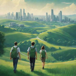 Craft a high-definition, radiant environmental poster illustrating a vast, lush green landscape. Modern-stylized individuals, some with backpacks, serve as guardians facing away from the viewer. Distant buildings embody urbanization, while the concentration remains on the expansive and vibrant nature.