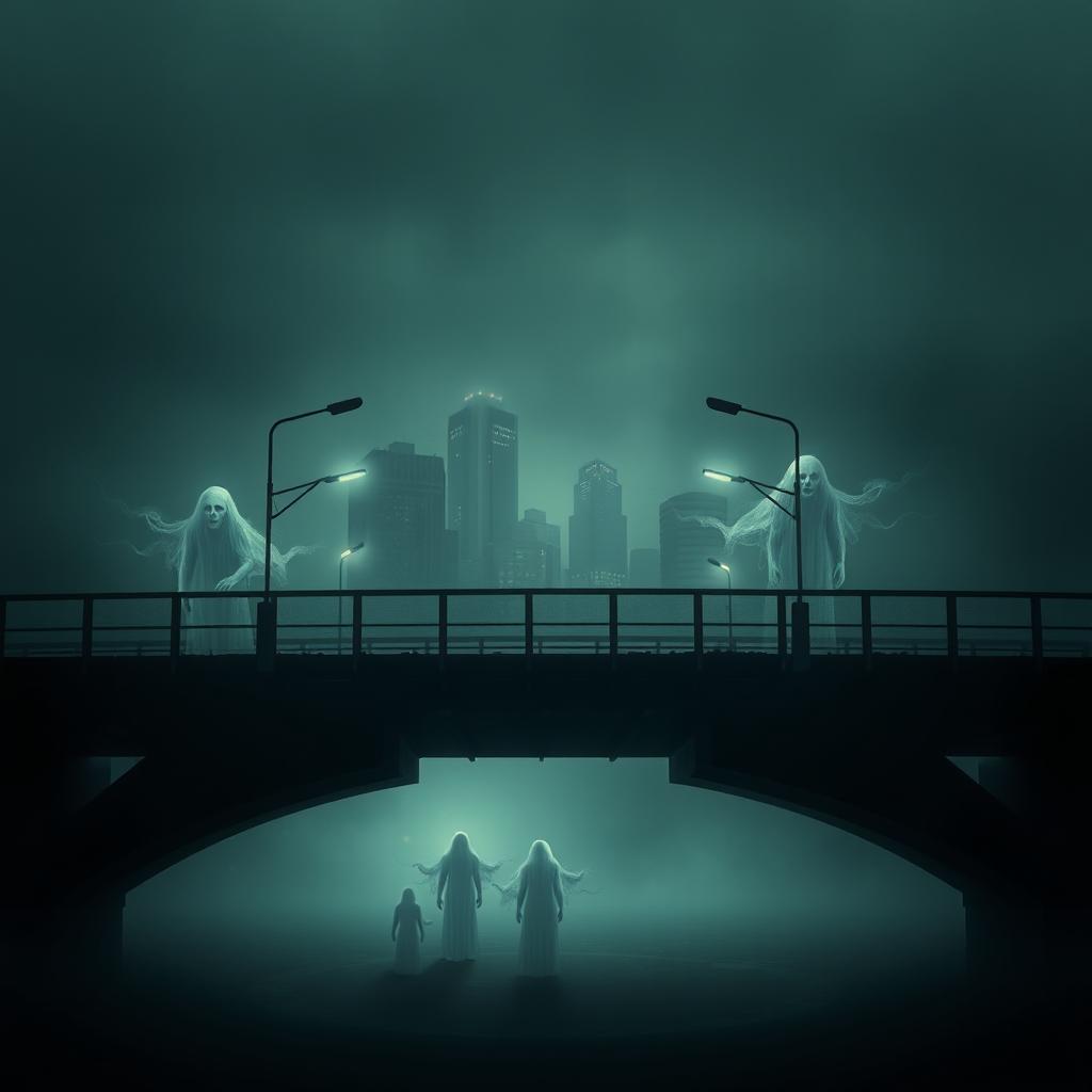 A haunting urban bridge set in a dark and eerie cityscape, cloaked in fog and shadows