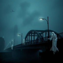 A haunting urban bridge set in a dark and eerie cityscape, cloaked in fog and shadows