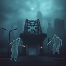 A haunting urban bridge set in a dark and eerie cityscape, cloaked in fog and shadows