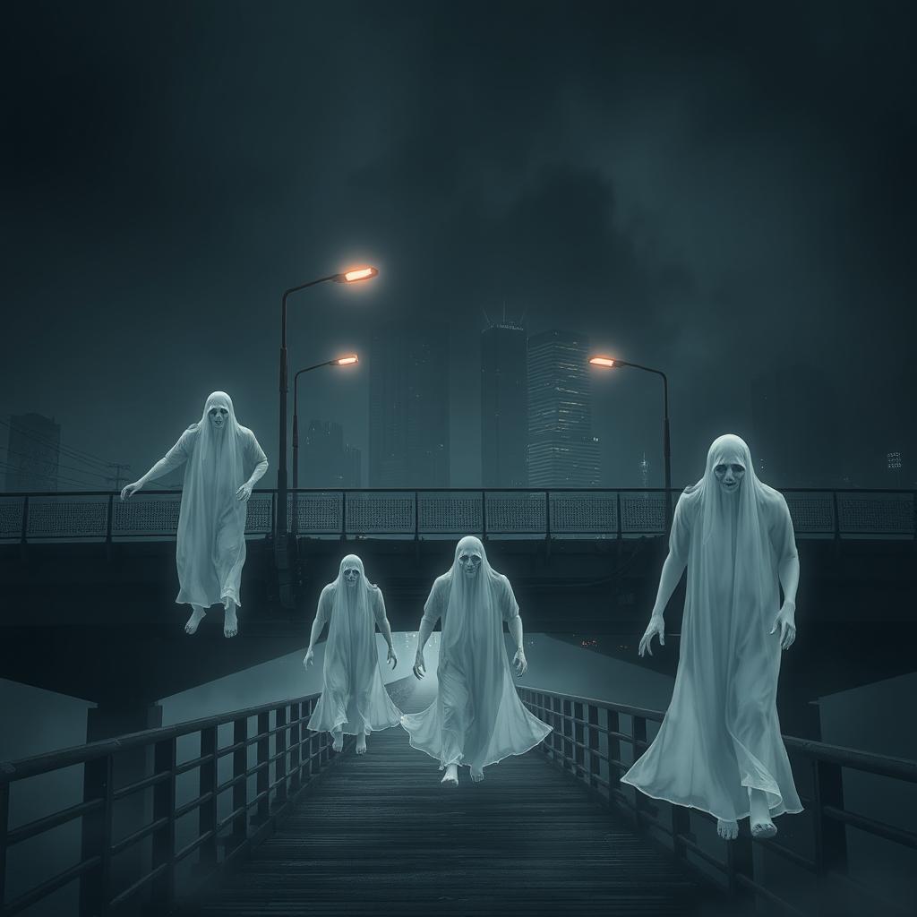 A haunting urban bridge set in a dark and eerie cityscape, cloaked in fog and shadows