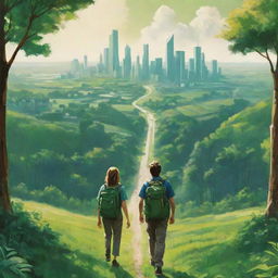 Craft a high-definition, radiant environmental poster illustrating a vast, lush green landscape. Modern-stylized individuals, some with backpacks, serve as guardians facing away from the viewer. Distant buildings embody urbanization, while the concentration remains on the expansive and vibrant nature.