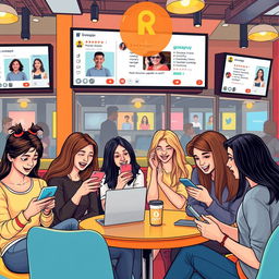 A contemporary depiction of modern gossip culture online, illustrating a vibrant social media scene