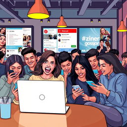 A contemporary depiction of modern gossip culture online, illustrating a vibrant social media scene