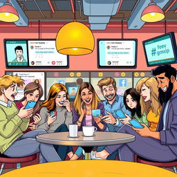 A contemporary depiction of modern gossip culture online, illustrating a vibrant social media scene