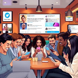 A contemporary depiction of modern gossip culture online, illustrating a vibrant social media scene