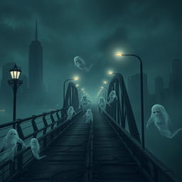 A haunting urban bridge set in a dark and eerie cityscape, shrouded in fog and illuminated by flickering street lamps that cast ghostly shadows