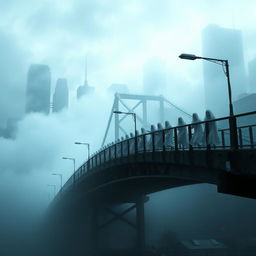 A haunting urban bridge set in a dark and eerie cityscape, shrouded in fog and illuminated by flickering street lamps that cast ghostly shadows