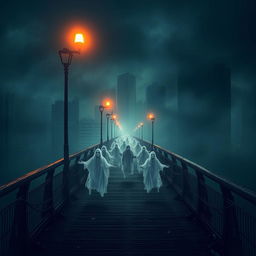 A haunting urban bridge set in a dark and eerie cityscape, shrouded in fog and illuminated by flickering street lamps that cast ghostly shadows