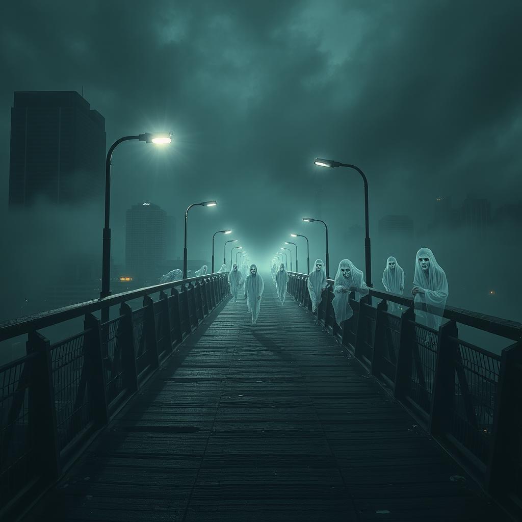 A haunting urban bridge set in a dark and eerie cityscape, shrouded in fog and illuminated by flickering street lamps that cast ghostly shadows