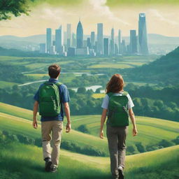 Craft a high-definition, radiant environmental poster illustrating a vast, lush green landscape. Modern-stylized individuals, some with backpacks, serve as guardians facing away from the viewer. Distant buildings embody urbanization, while the concentration remains on the expansive and vibrant nature.