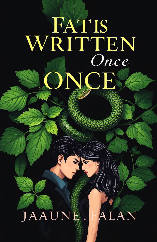 A striking book cover design featuring vibrant green pesto leaves intertwined with a sleek, coiled snake to symbolize tension and conflict