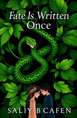 A striking book cover design featuring vibrant green pesto leaves intertwined with a sleek, coiled snake to symbolize tension and conflict