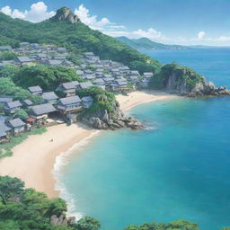 A serene coastal landscape in Japanese anime style, boasting pristine beaches and aquamarine waters, with a quaint seaside village nestled amidst lush vegetation.