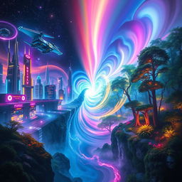 A visually striking depiction of two parallel universes merging together, showcasing vibrant colors and dynamic energies