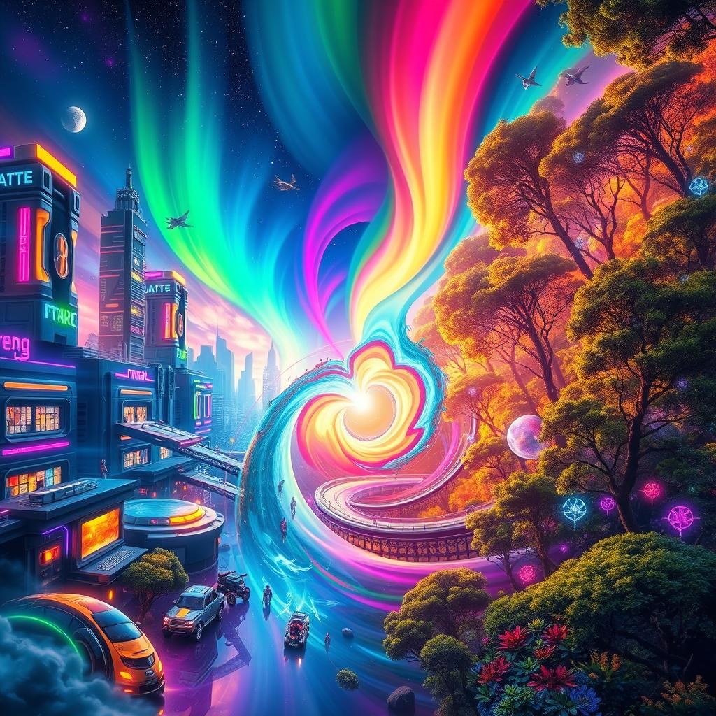 A visually striking depiction of two parallel universes merging together, showcasing vibrant colors and dynamic energies