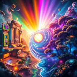 A visually striking depiction of two parallel universes merging together, showcasing vibrant colors and dynamic energies