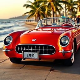 A striking 1953 Chevrolet Corvette, showcased in a picturesque coastal setting