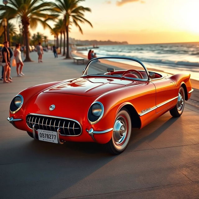 A striking 1953 Chevrolet Corvette, showcased in a picturesque coastal setting