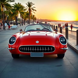 A striking 1953 Chevrolet Corvette, showcased in a picturesque coastal setting