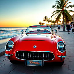 A striking 1953 Chevrolet Corvette, showcased in a picturesque coastal setting