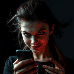 A menacing portrayal of a single girl with an evil look, set against a dark, moody background