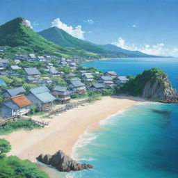 A serene coastal landscape in Japanese anime style, boasting pristine beaches and aquamarine waters, with a quaint seaside village nestled amidst lush vegetation.