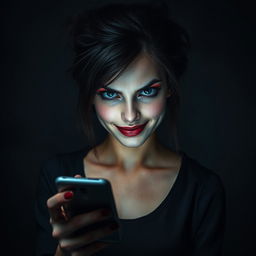 A menacing portrayal of a single girl with an evil look, set against a dark, moody background